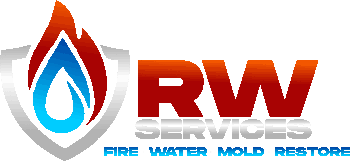RW Restoration logo with red and blue water droplet flame icon and “FIRE WATER MOLD RESTORE” text