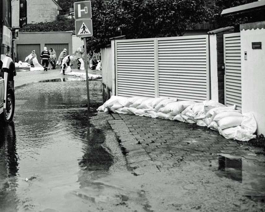  Sandbags stacked at the doorway for flood mitigation.