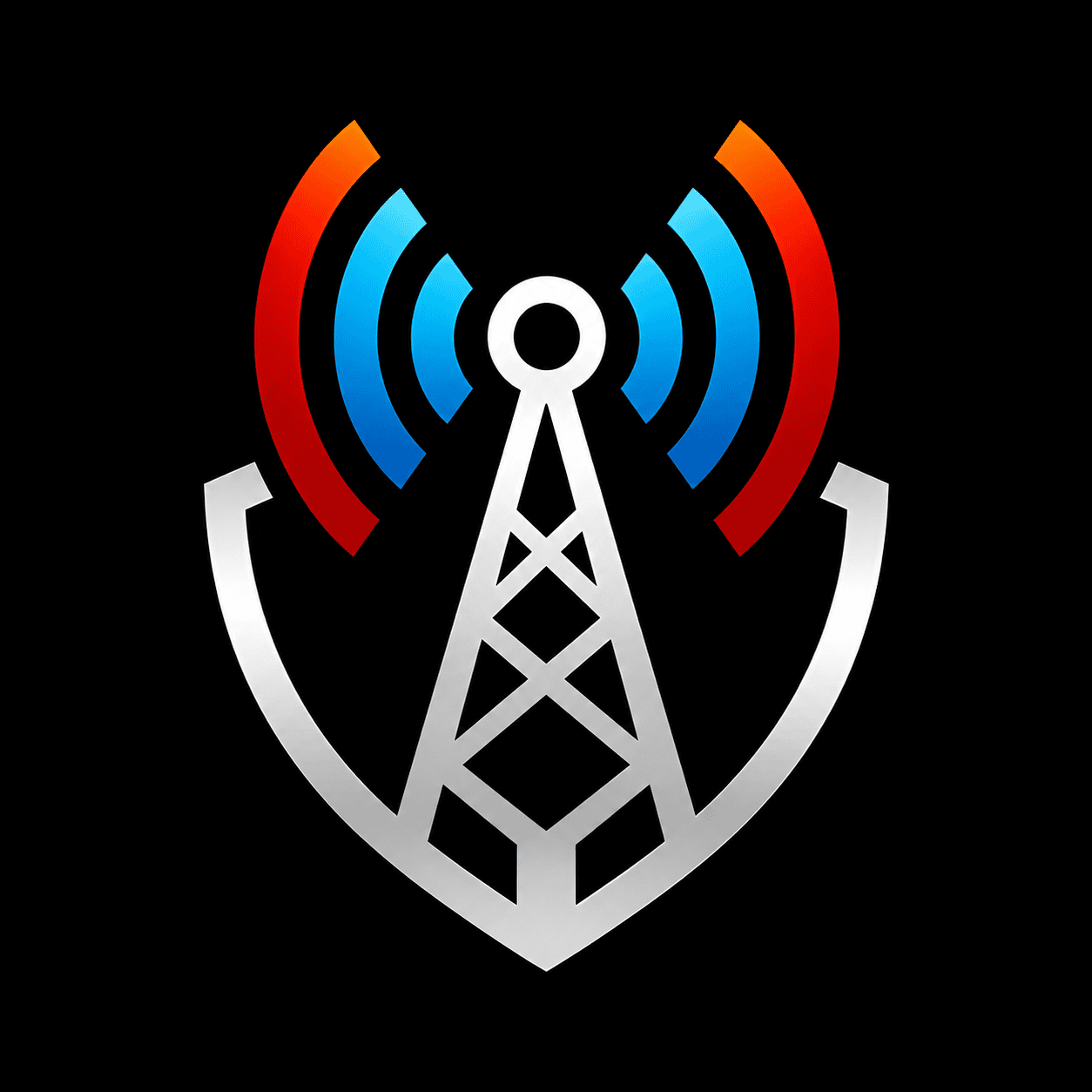 Radio tower logo with red, blue, and white signal waves on a black background