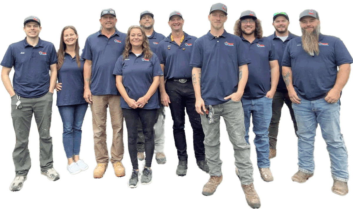 The RW Services team in navy shirts and caps standing together against a white background