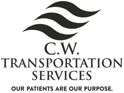 Logo for C.W. Transportation Services featuring three black wave shapes above the company name and "Our patients are our purpose."