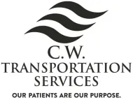 Logo for C.W. Transportation Services featuring three black wave shapes above the company name and "Our patients are our purpose."