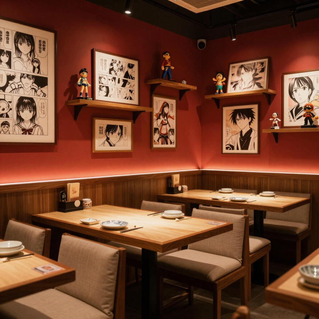 Accogliente ristorante a tema manga con fumetti incorniciati, calde pareti rosse e tavoli e sedie in legno.