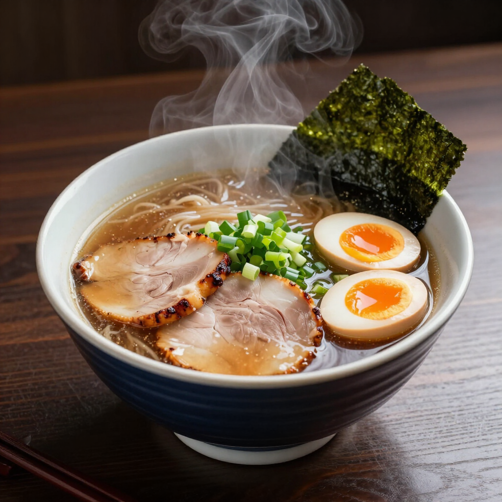 Una ciotola fumante di ramen con fettine di maiale, uova alla coque, cipollotti e alga nori su un tavolo di legno.