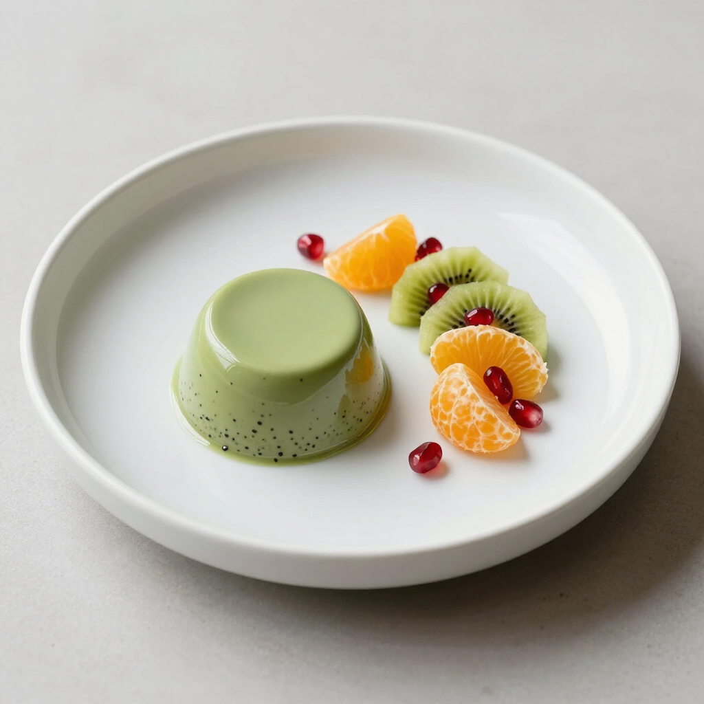 Dessert verde su un piatto bianco con kiwi, spicchi d'arancia e frutti di bosco rossi.