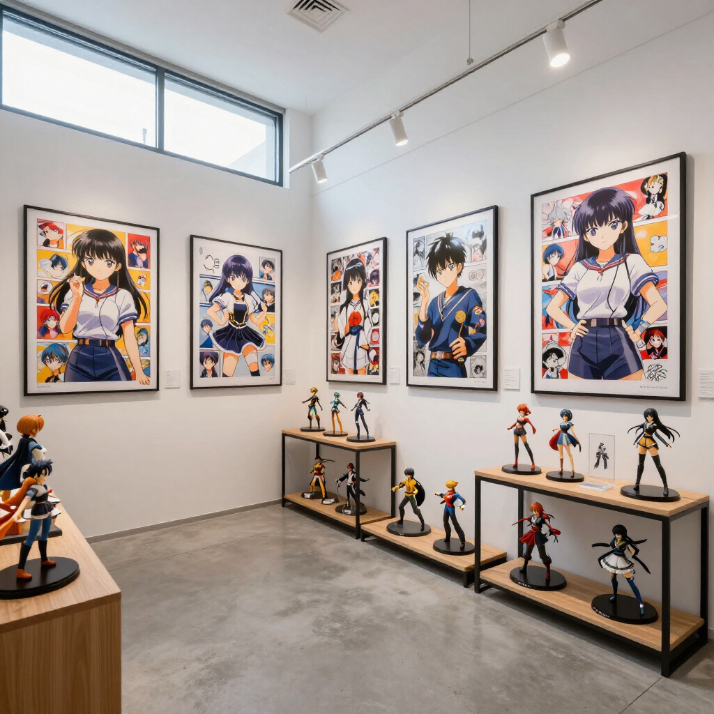 Galleria di action figure anime in una stanza bianca e luminosa con poster incorniciati e scaffali espositivi di statue da collezione.