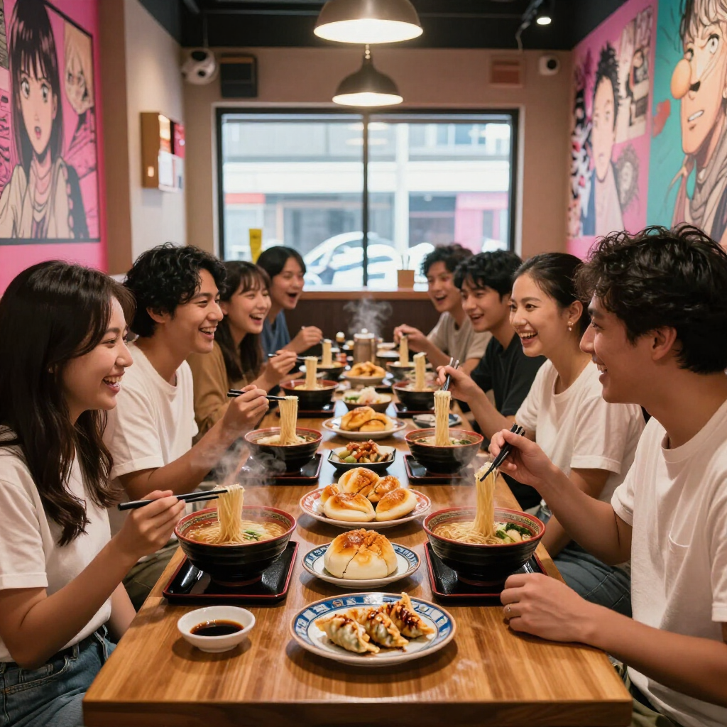 Amici che cenano a un tavolo colorato in un ristorante, sorridenti e intenti a mangiare insieme sotto pareti dipinte di rosa.