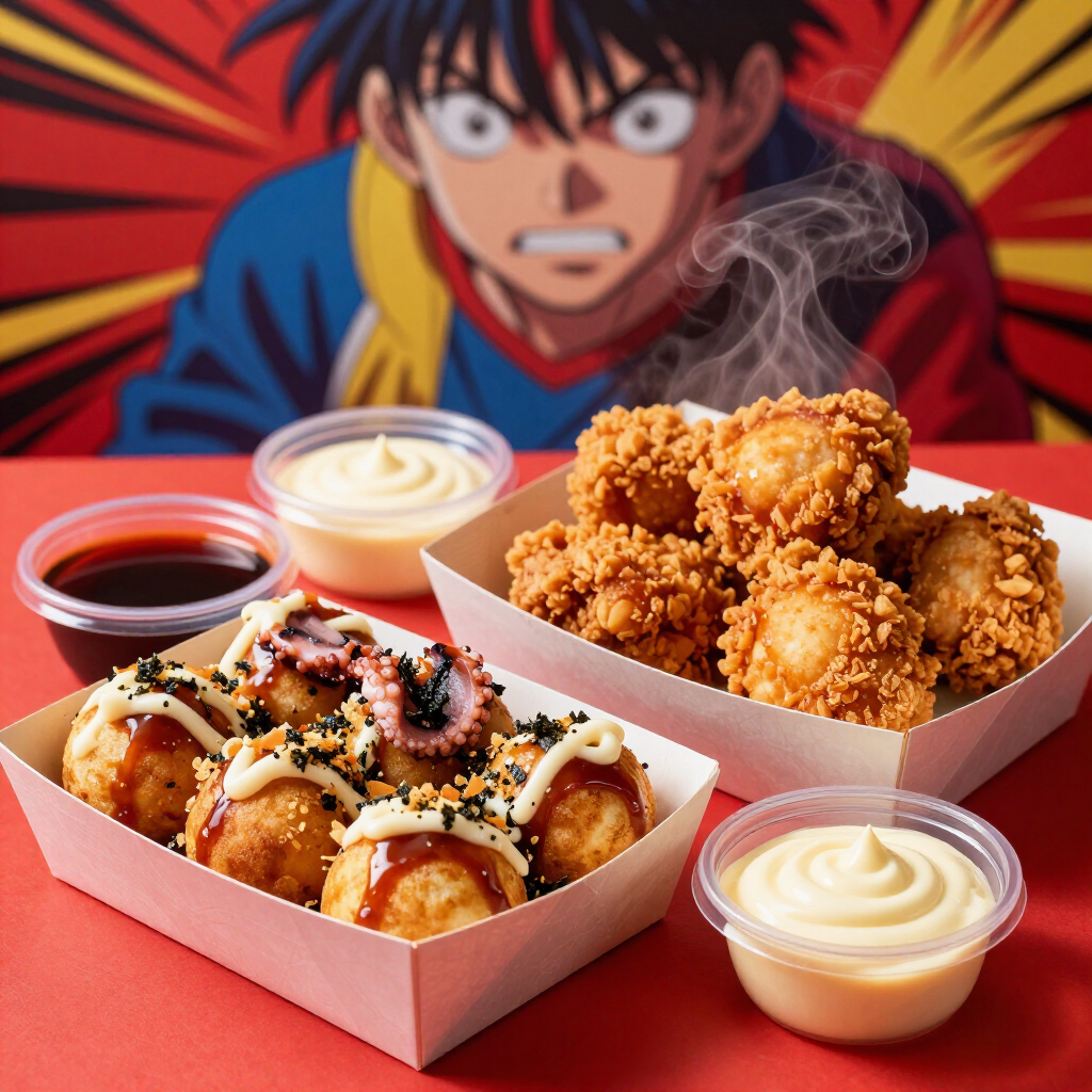 Personaggio anime dietro scatole di pollo fritto, takoyaki e salse su sfondo rosso