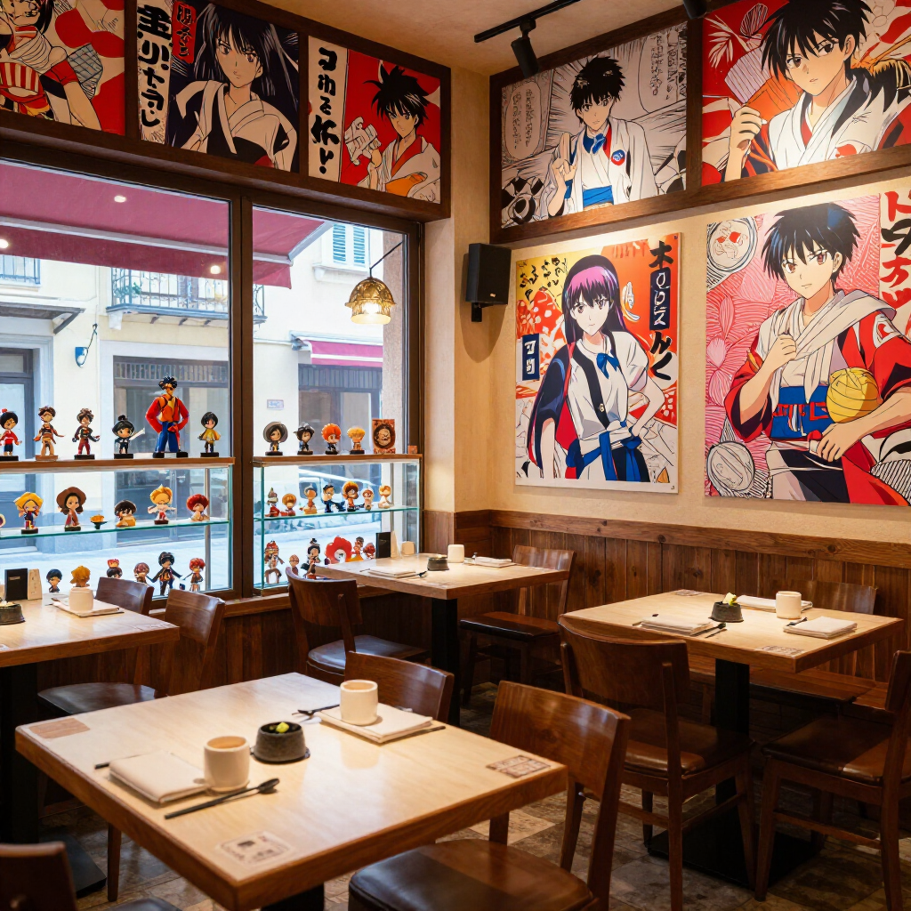 Interni di un ristorante a tema anime con tavoli in legno, decorazioni rosse e poster dei personaggi alle pareti.
