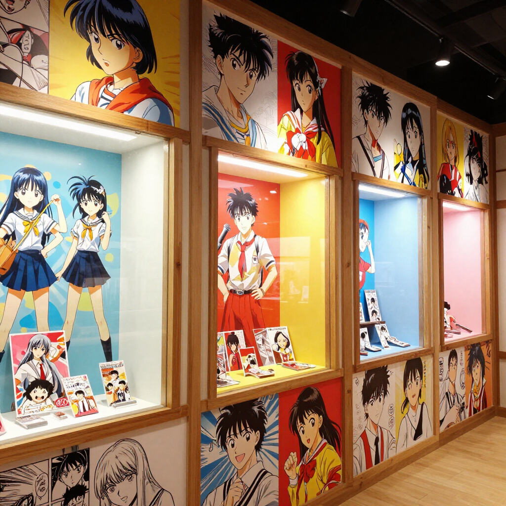 Parete espositiva con personaggi degli anime, composta da illustrazioni e statuette incorniciate, in un negozio o in una mostra ben illuminata.