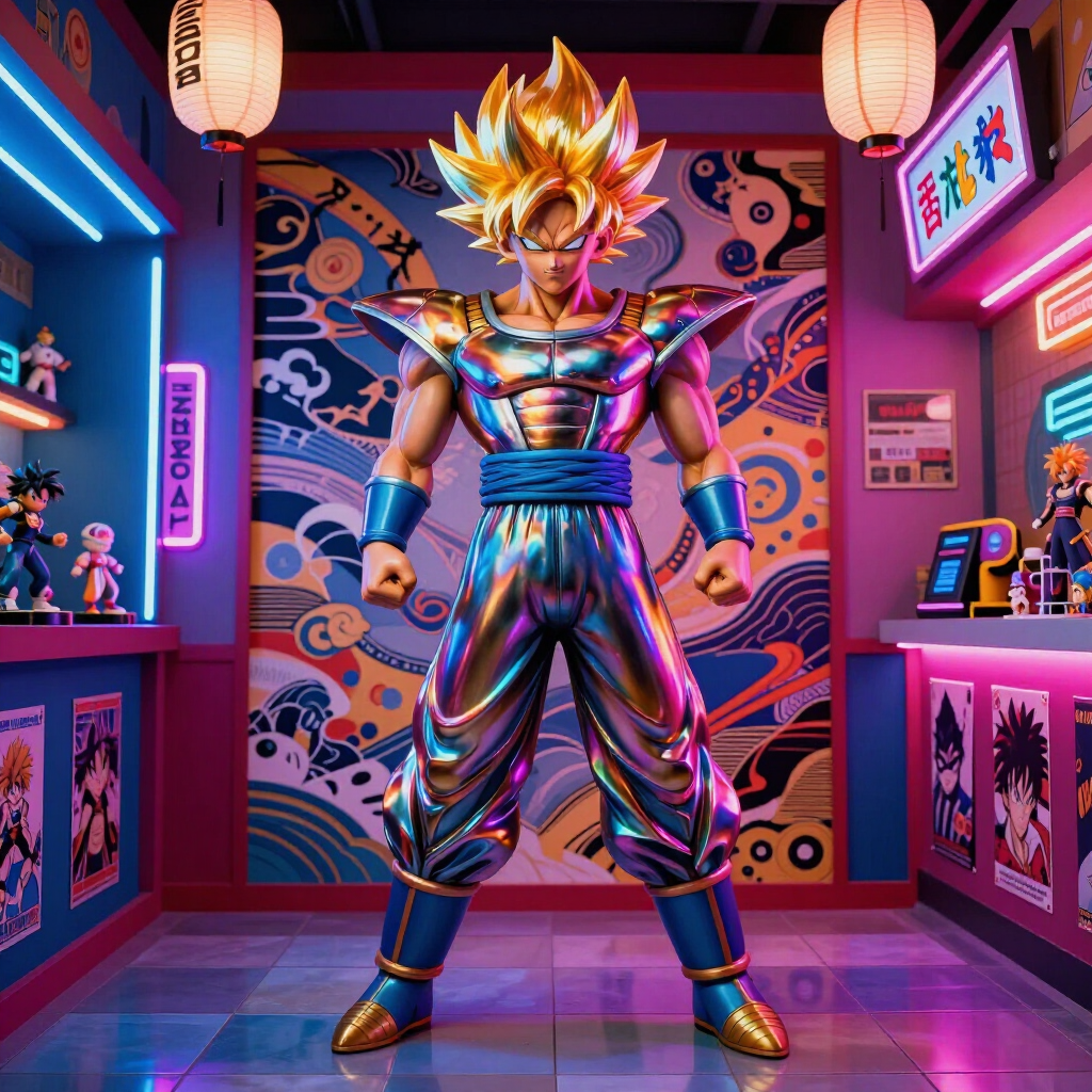 Guerriero in stile anime in una sala giochi al neon, con indosso un abito iridescente e lucente e capelli biondi a punta.