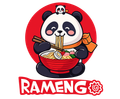 Un panda mangia ramen in una ciotola rossa con le bacchette, su uno sfondo circolare rosso, con il logo "RAMENG" in basso.