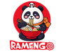 Un panda mangia ramen in una ciotola rossa con le bacchette, su uno sfondo circolare rosso, con il logo "RAMENG" in basso.