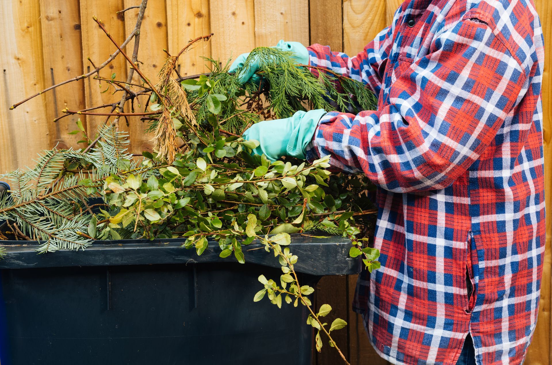 Person wearing plaid shirt and gloves, putting yard waste into a black bin next to a wooden fence.