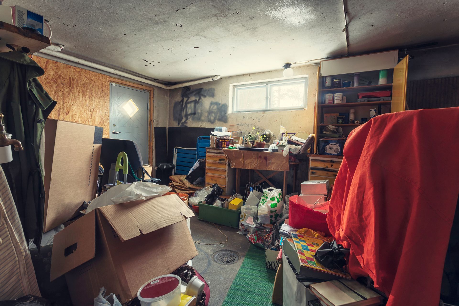 Cluttered basement with boxes, tools, and general debris scattered throughout the room.