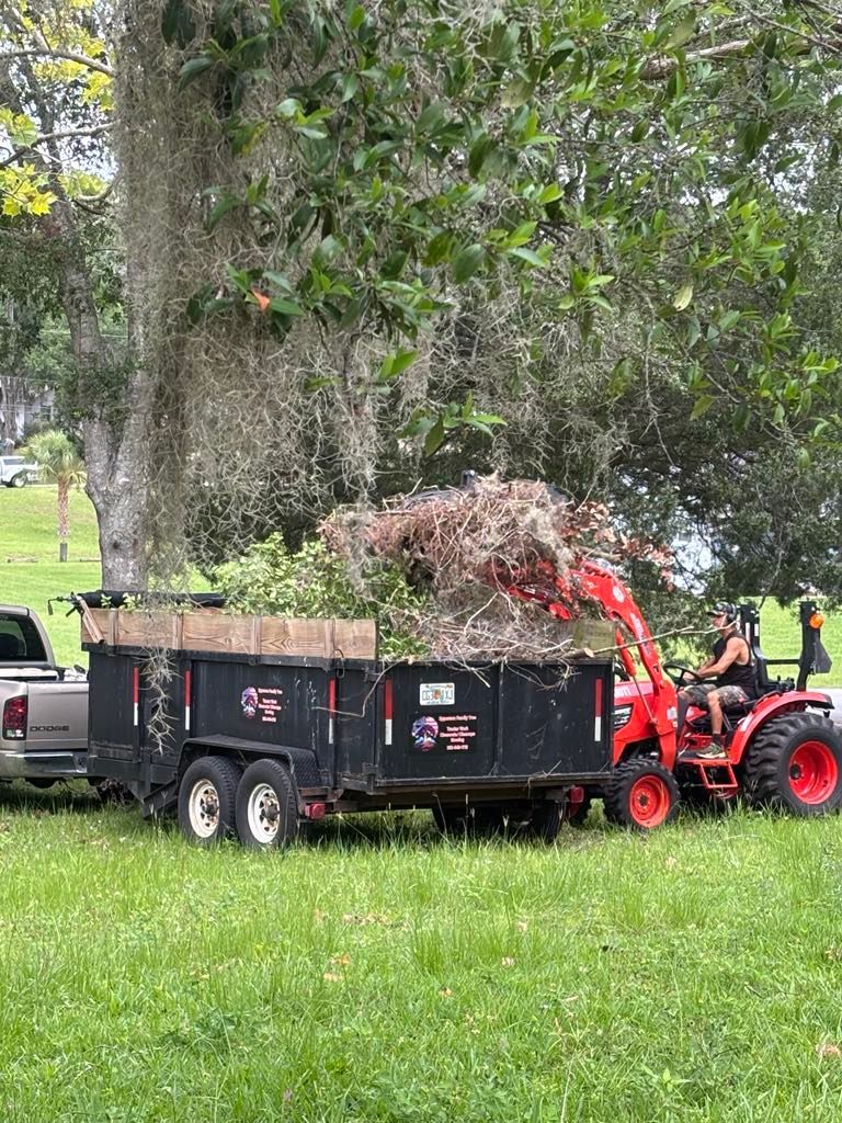 A tractor loading brush into a trailer on a grassy area, under a tree.