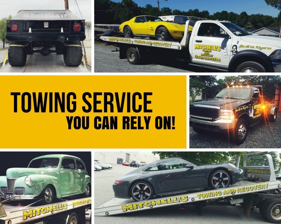 Collage of tow trucks hauling cars with “TOWING SERVICE YOU CAN RELY ON!” text in the center