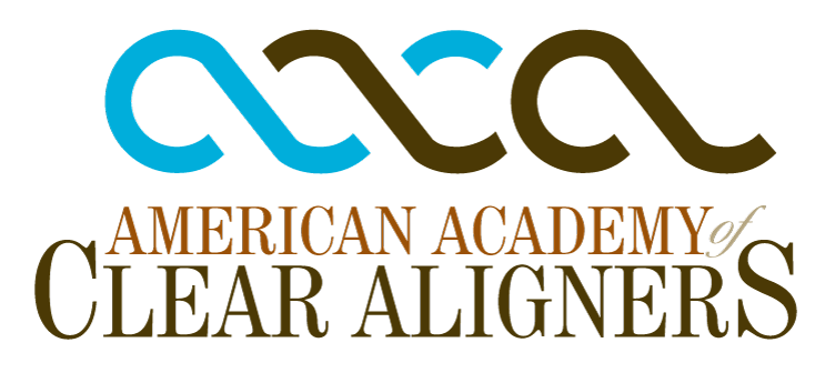 Logo of the American Academy of Clear Aligners: blue and brown interlocking infinity symbols above the words.