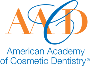 Orange AAD letters with blue swirl, text: American Academy of Cosmetic Dentistry.