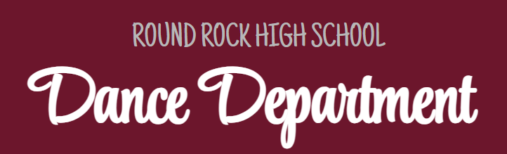 Round Rock High School Dance Department logo. Burgundy background, white cursive text.