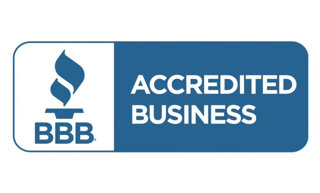 BBB Accredited Business logo: blue and white rectangle with a torch icon.