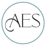 AES initials in black script within a blue outlined circle.