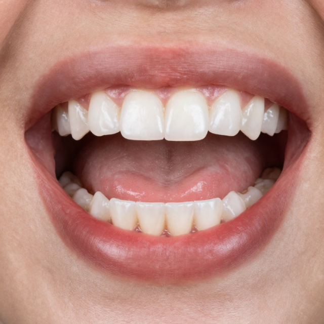 Close-up of a smiling mouth with visible teeth and lips.