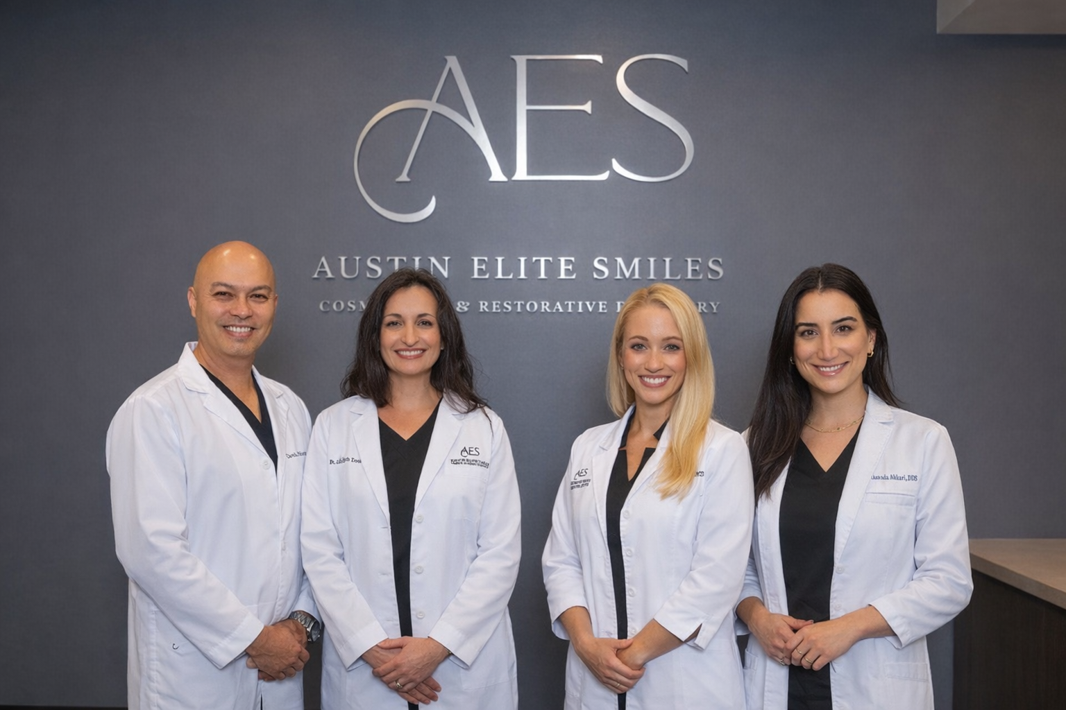 Austin Elite Smiles dental team in white coats standing in front of AES logo in North Austin, TX