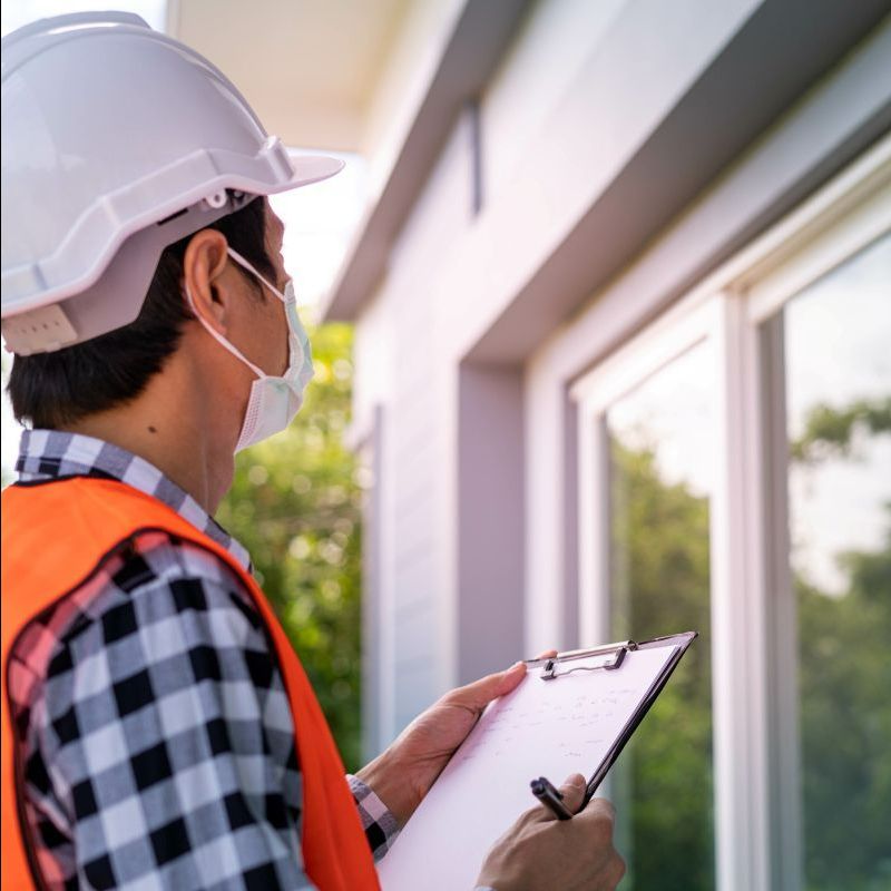A man wearing a hard hat and mask is holding a clipboard
