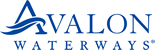 The avalon waterways logo is blue and white with a wave in the middle.