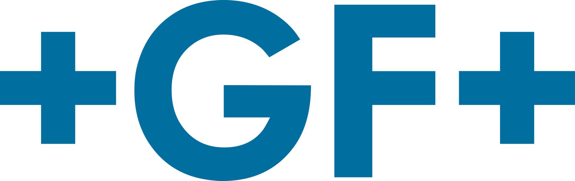Un logo blu e bianco con la scritta gf + su uno sfondo bianco.