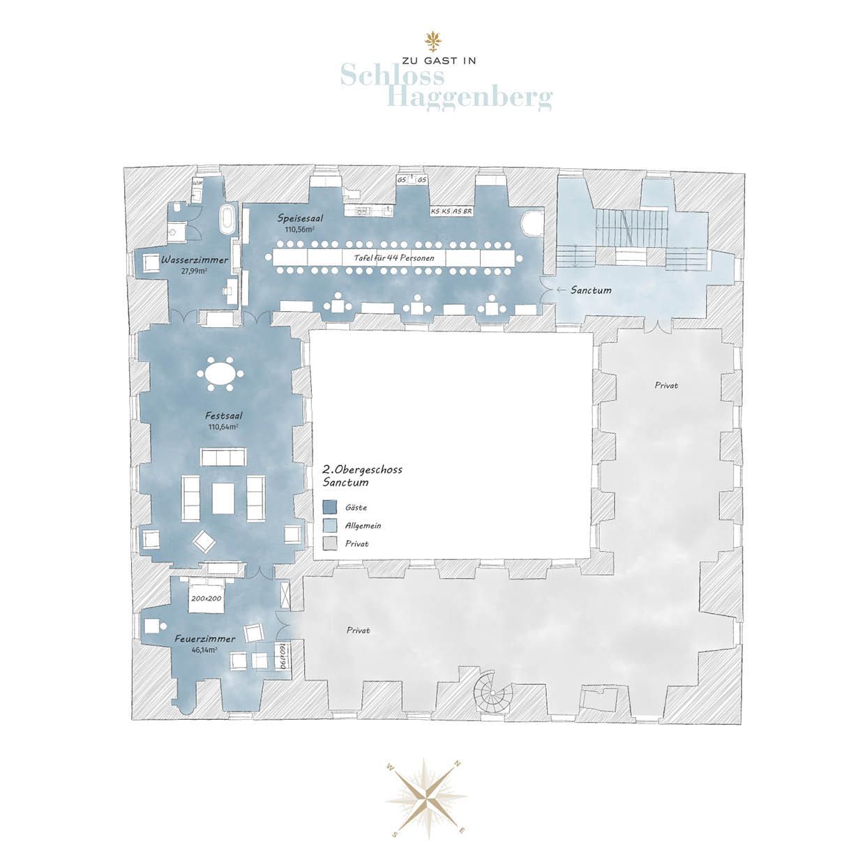 Grundriss 2.OG, das Sanctum in blau markiert