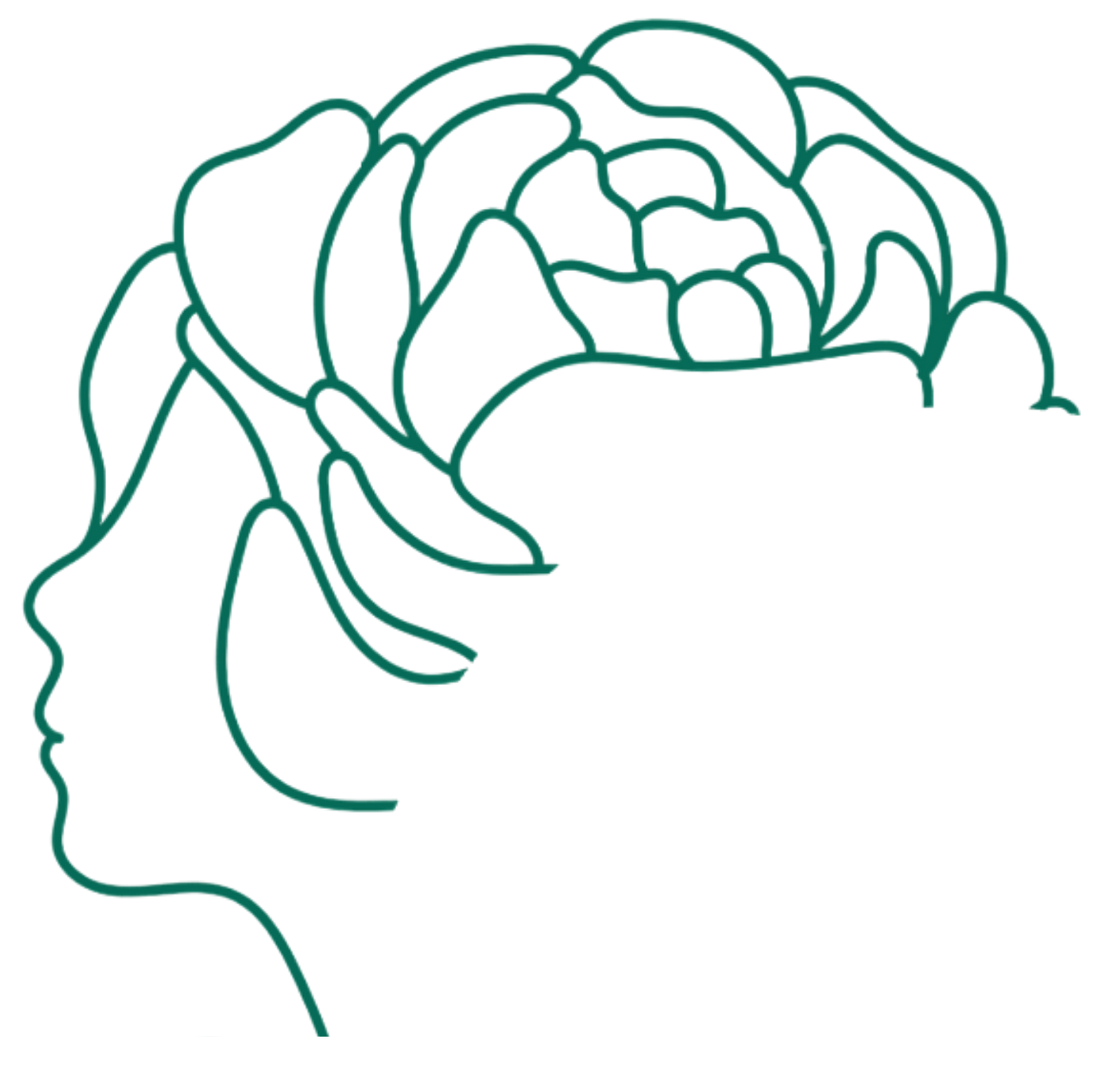 A teal line-art silhouette of a profile merged with a blooming flower crown against a white background.