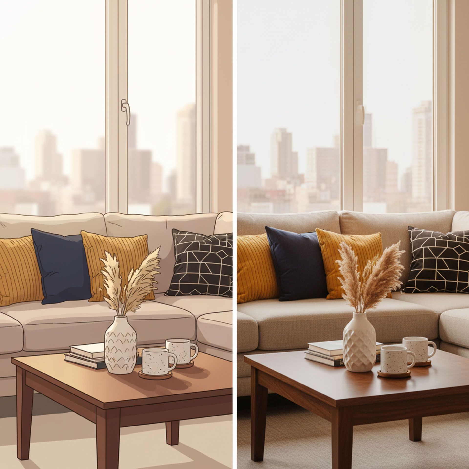 Cozy living room with sectional sofa, coffee table, and large window overlooking cityscape.