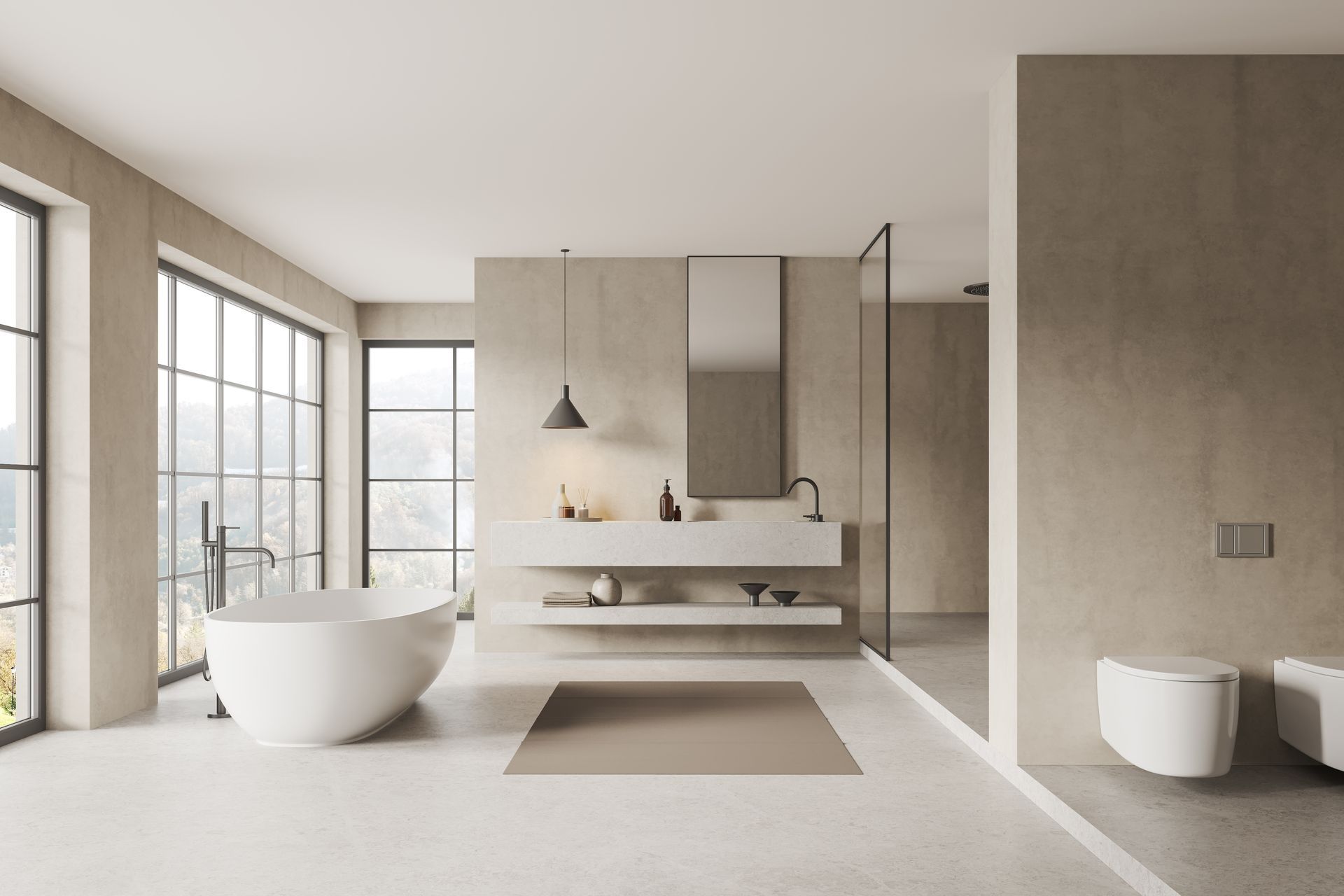 Modern neutral-toned bathroom with a freestanding tub, large windows, and a floating vanity.