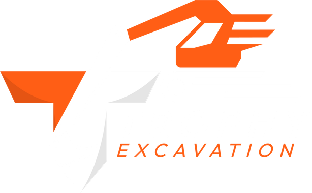 Orange and gray excavation logo with stylized machinery and the word “EXCAVATION”