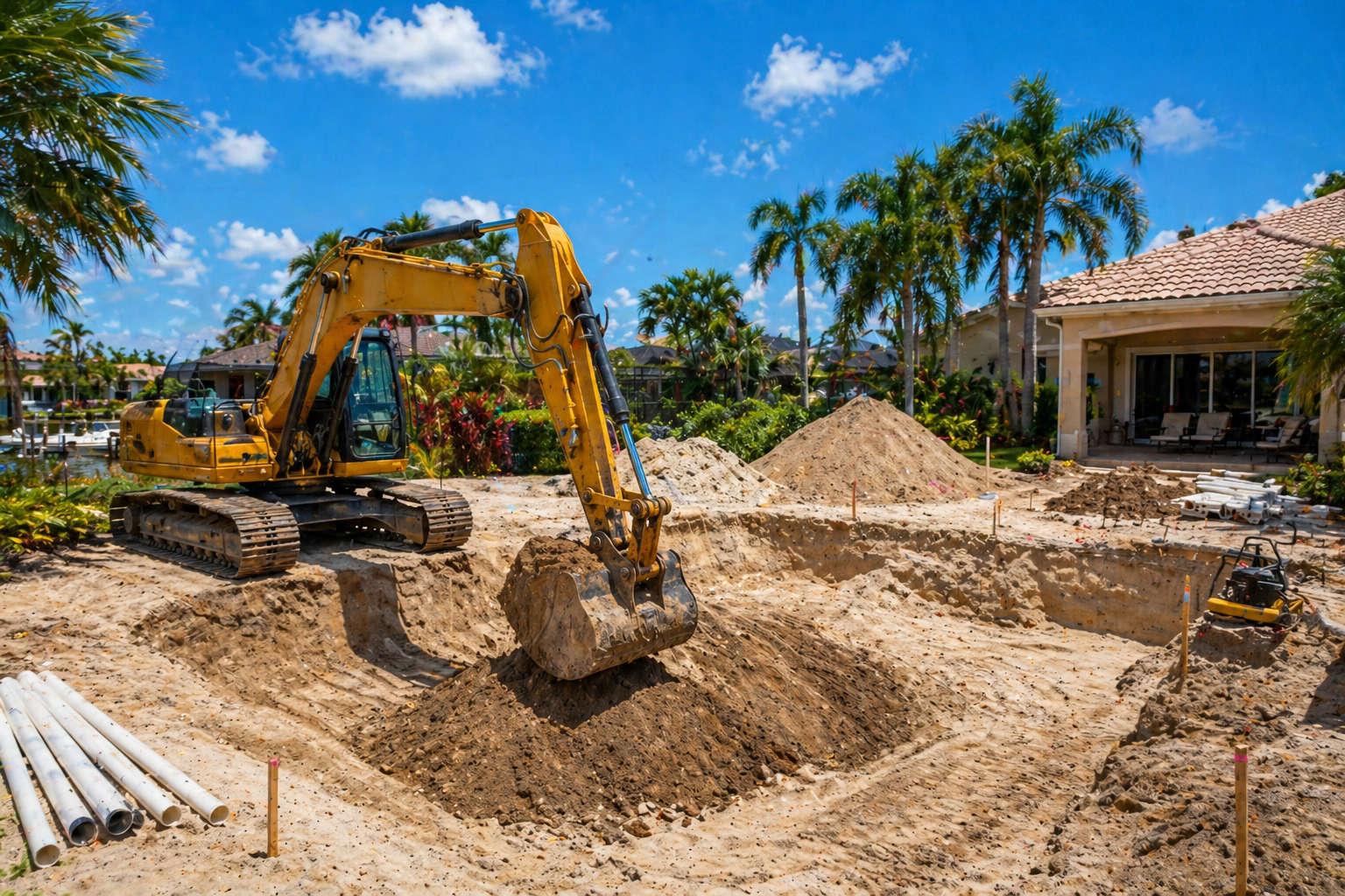 Two yellow and orange excavators on muddy ground.