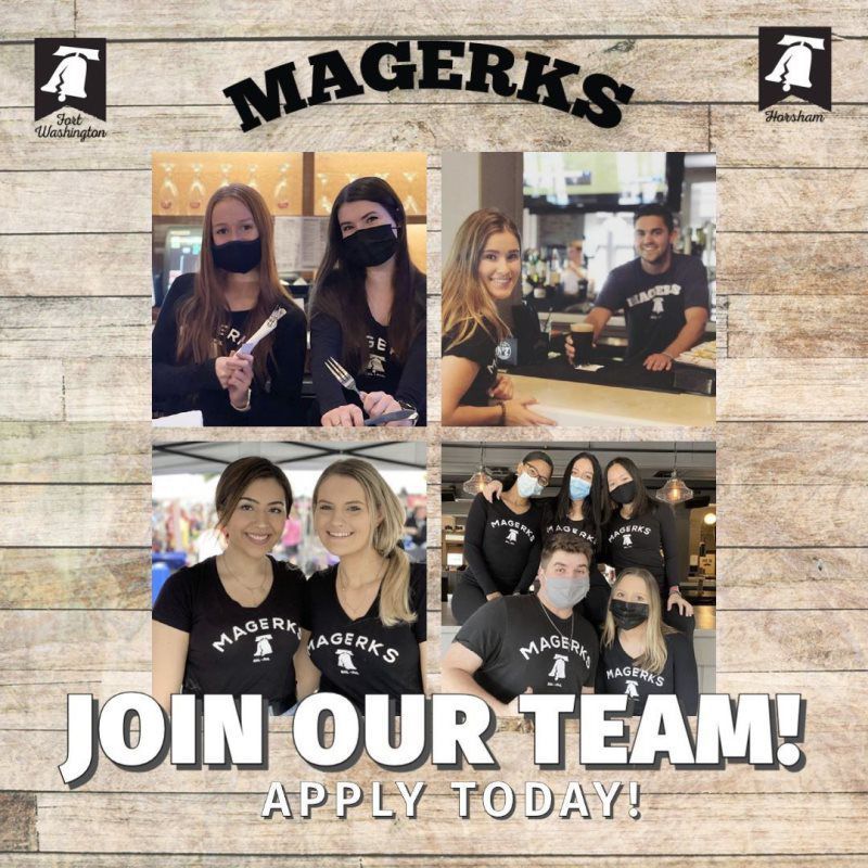 Magerks restaurant ad with staff, wearing black masks and shirts, inviting people to join their team.