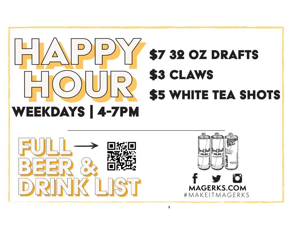Happy hour sign: $7 drafts, $3 Claws, $5 white tea shots. Weekdays 4-7PM. QR code for full beer & drink list.
