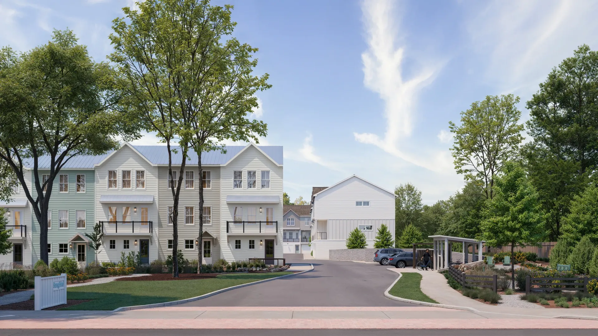 Exterior rendering of the townhomes at Songbird in Atlanta, GA, on a beautiful day.