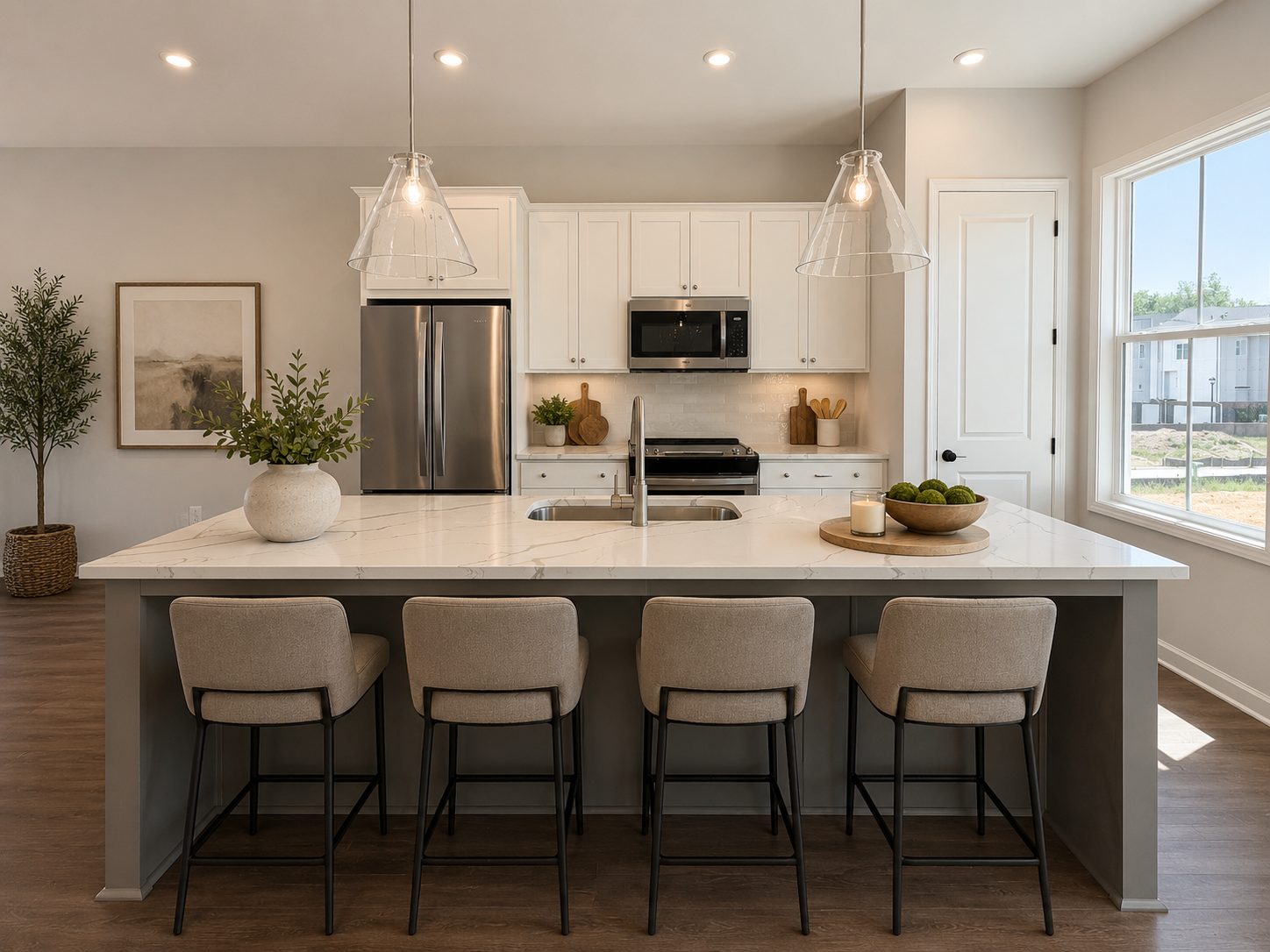 Interior view of modern townhome's kitchen at Songbird in Atlanta, GA.