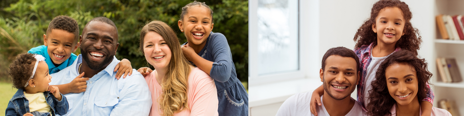 Two smiling families posing together outdoors and indoors, with a child hugging a man and a woman at right.