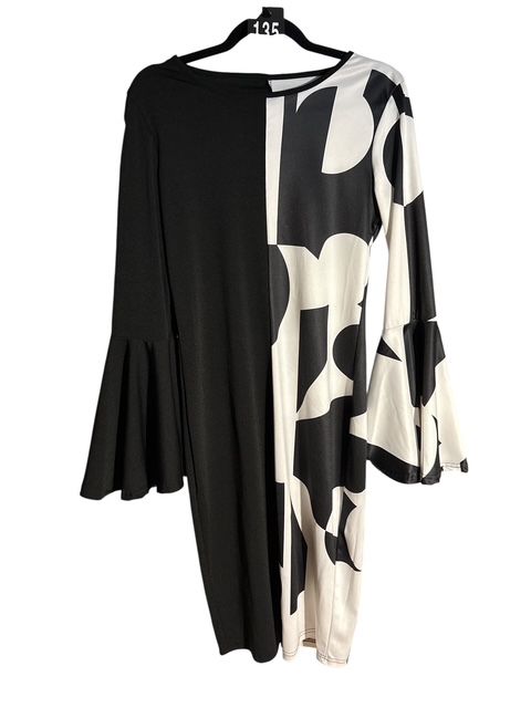 135. Striking Black & White Bodycon Dress with Trumpet Sleeves, (M)