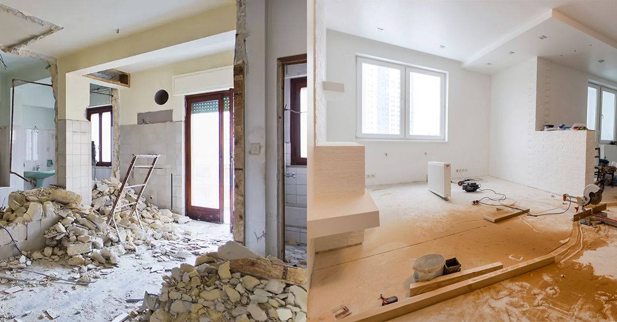 Split view of an interior room: left, a construction site with debris; right, the same room finished with white walls.