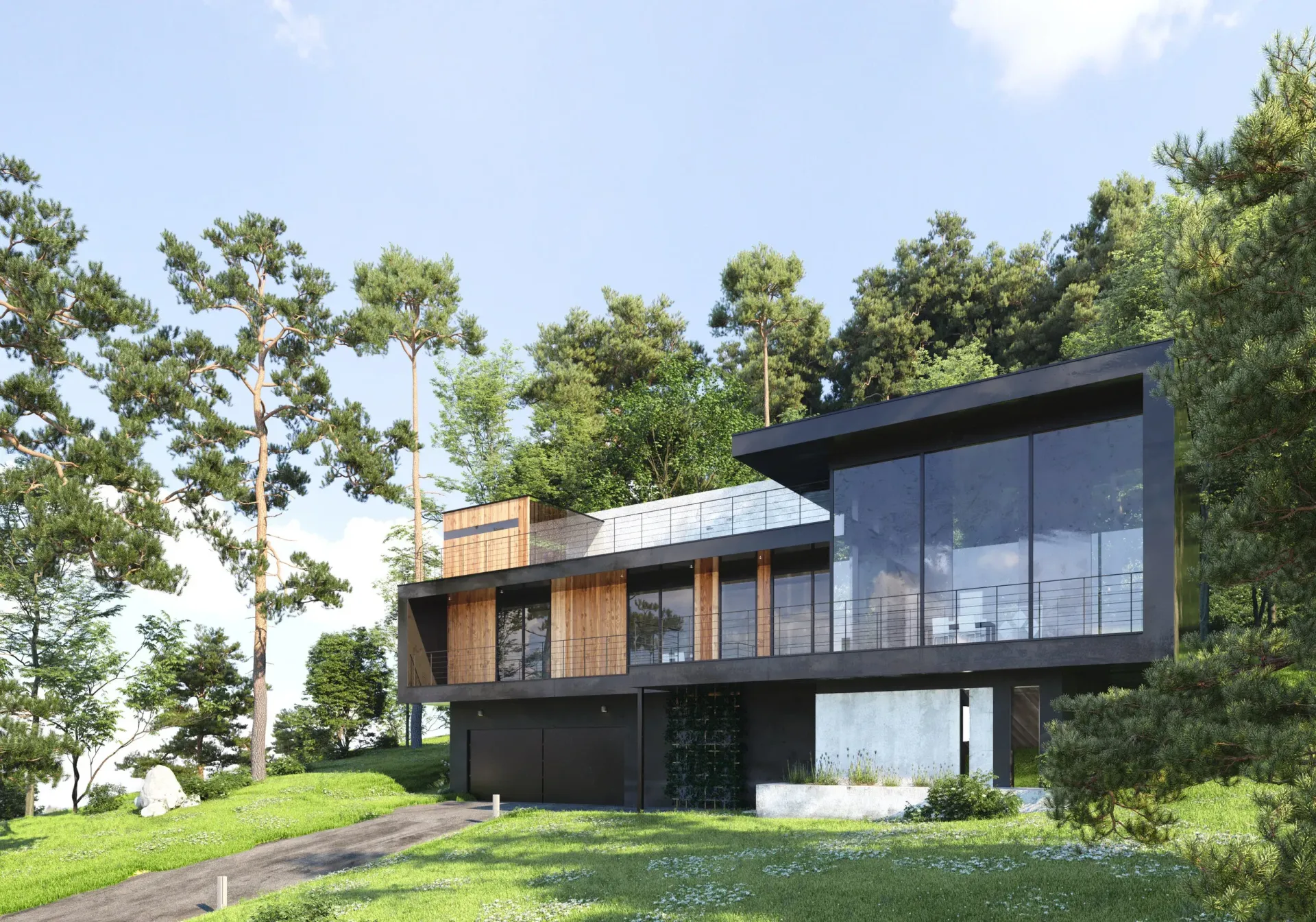 A modern, multi-level house with dark framing, wood panels, and large glass windows, nestled in a lush, wooded landscape.