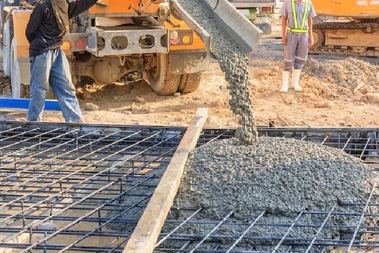 A construction worker guides a concrete chute pouring fresh wet concrete onto a steel rebar grid at a job site.