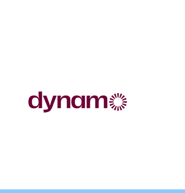 Het woordmerk "dynamo" in donkerrood met een cirkel van lijnen als de "o".