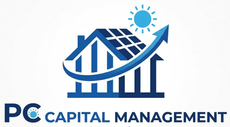 PC Capital Management logo with blue rising chart, house roof, sun, and upward arrow