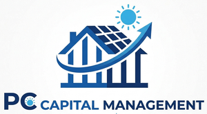 PC Capital Management logo with blue rising chart, house roof, sun, and upward arrow