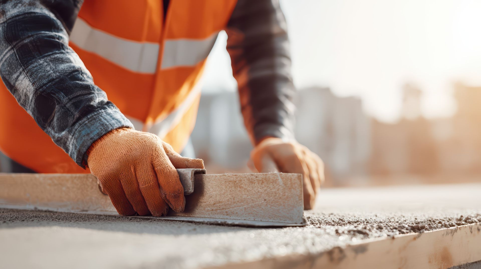 Concrete contractor in an orange safety vest and gloves smoothing a fresh slab with a screed board.
